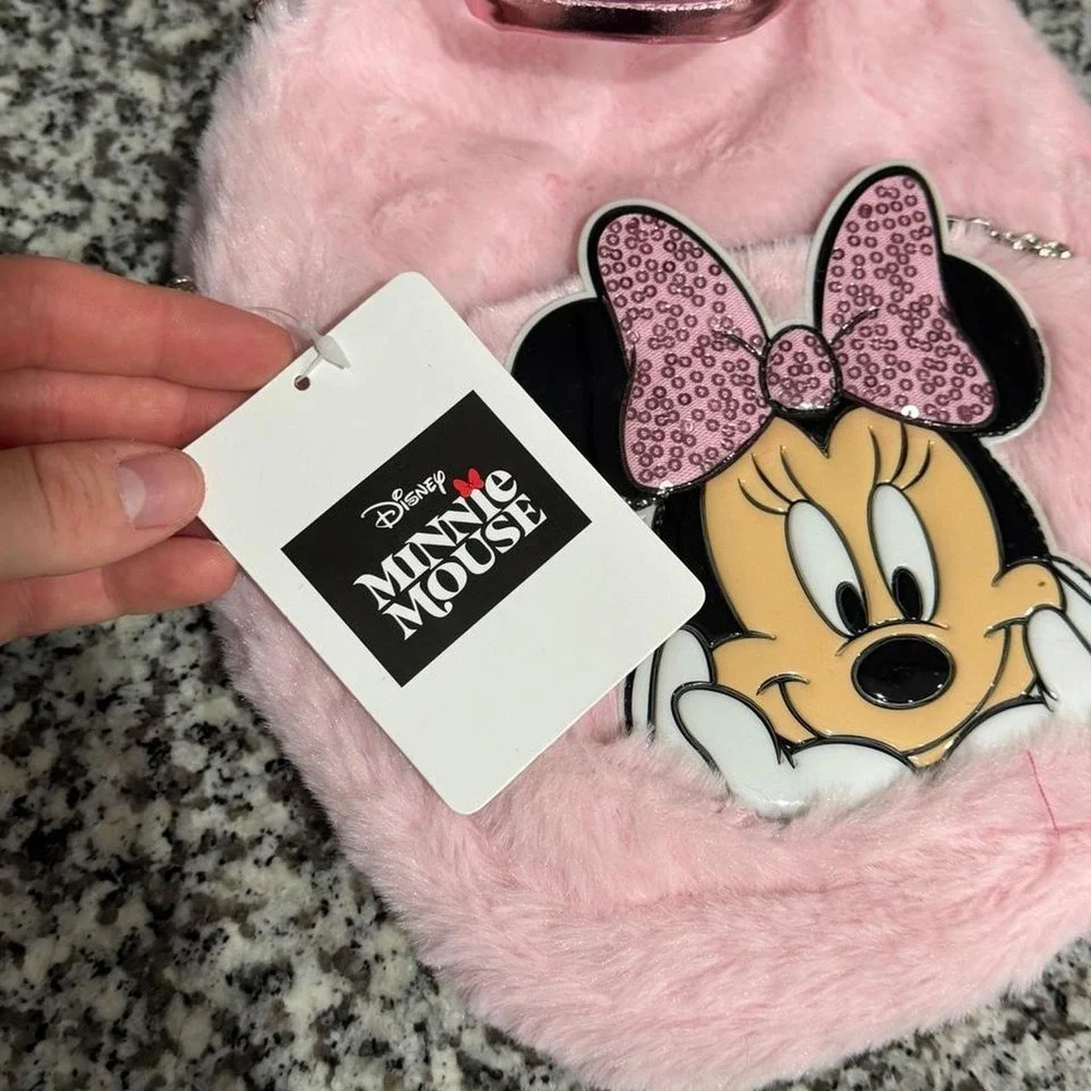 Disney Minnie Mouse Pink Fuzzy Faux Fur Sequin Bow Mini Backpack NWT